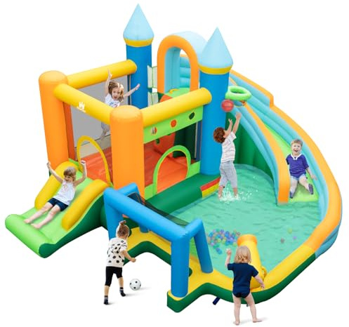 LIFEZEAL Castillo Hinchable, Parque acuático con toboganes, Piscina Infantil, rocódromo, cañón de Agua, Baloncesto, fútbol, 50 Pelotas y Aros de Colores, para niños a Partir de 3 años (sin soplador)