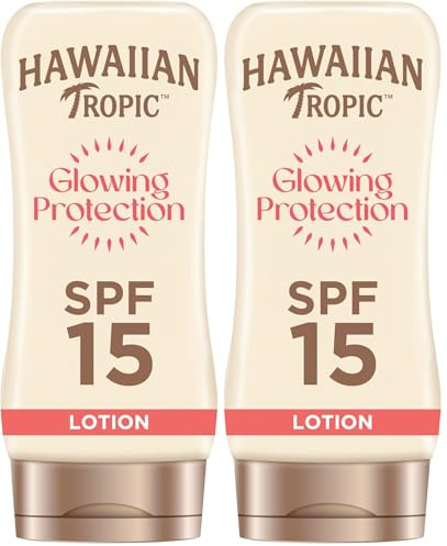 Hawaiian Tropic Glowing Protection Sunscreen Lotion, Water Resistant SPF 15 UVA plus UVB Protection Suncream, Tropical Scent Sun Lotion with Shea Butter, 180 ml (Pack of 2)