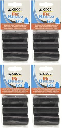 Croci - Sacchetti per bisogni dei Cani, 3 Rotoli x 15 Sacchetti, Totale 45 Sacchetti igienici per Escrementi, Resistenti Anti Rottura, Strappo Facile, Colore Nero (Confezione da 4)