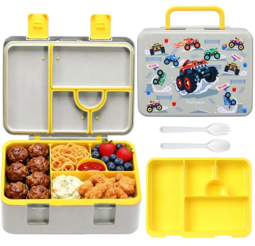rockpapa 5.5 Cups Bento Lunch Box for Kids, 5-Compartment, Trucks | BPA-Free, Leak Proof, with Utensils & Handle, Microwave Safe, Dishwasher Safe, for School, Picnic, Boys, Girls