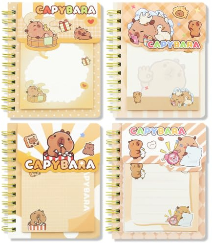 Geluode 4 Packungen Capybara Mini-Spiralnotizbücher mit Capybara-Haftnotizen, A7 süße wasserfeste Taschennotizblöcke, Notizblöcke und selbstklebende Tabs für Kindergeburtstagsgeschenke