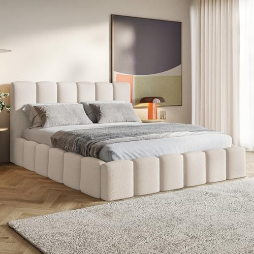 MOTIVENA Nunu Bubble Bett 160x200 Beige Boucle, mit Stauraum, mit Kopfteil, mit Lattenrost, ohne Füße, ohne Matratze, Bubble Polsterbett 160x200 mit Bettkasten Beige