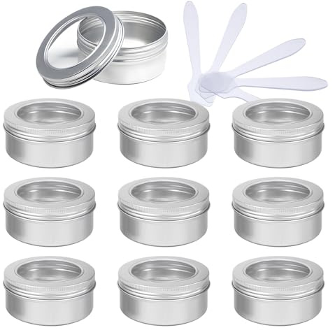 PQPAUTY 10 Pcs 150ml Empty Round Silver Aluminum Tins Cans Jars with Screw Lids Clear Window for Candle Cosmetic Lip Balm Salve Craft DIY Storage Containers