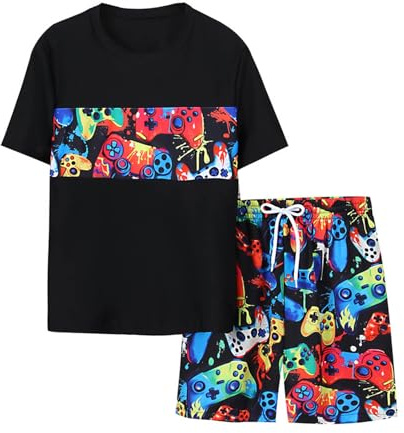 Maillot de bain pour bébé avec imprimé console de jeu pour garçon : Rashguard à manches courtes et short de bain UPF 50+ à séchage rapide, Noir , 9-10 ans