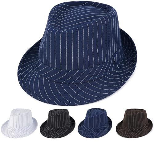 Initlove Mens Fedora Hat Short Brimmed Trilby Hat Stripe Navy
