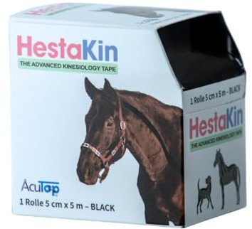 HestaKin Kinesiologie Tape Tiertherapie – extra stark haftend, wasserabweisend, hochelastisch, speziell für Tiere & Pferde entwickelt, optimal für physiotherapeutische Anwendungen (Schwarz)