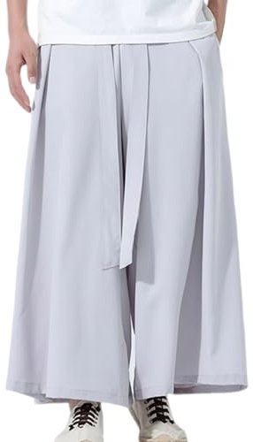 Caxndycing Ice Silk Trousers Men's Skirt Wide Leg Casual Trousers Plain Samurai Hakama Harem Trousers Loose Fit Summer Trousers Baggy Streetwear Japanese Kilt