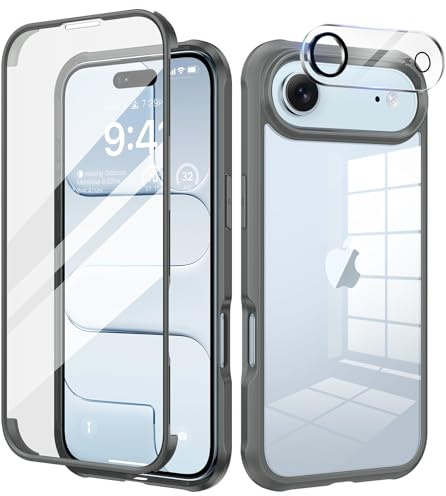 seacosmo för iPhone Air Fodral, [9H HD] Integrerat Härdat Glas Skärm och Kamerafilm 360 Grader Stötsäker Dubbelt Skyddshölje för iPhone 17 Air, Grå