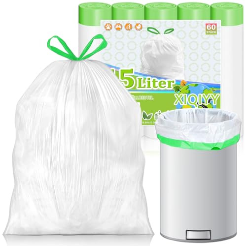 XIQIYY Bolsas de basura con cordón de 15 litros, bolsas de basura pequeñas blancas con asas de amarre, 60 bolsas de basura a prueba de fugas para basura de baño resistentes de 15 litros, basura de