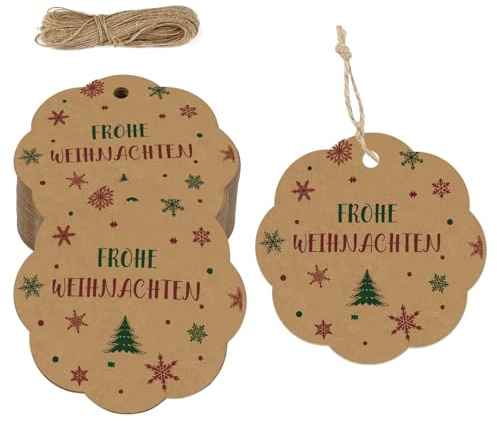 Geschenkanhänger Weihnachten, 100 Stück Etiketten Zum Beschriften, Anhänger Weihnachten Mit Schnur, Etiketten für Flaschen, Kraftpapier Geschenk Anhänger für DIY Weihnachten Deko Verpackung - Braun