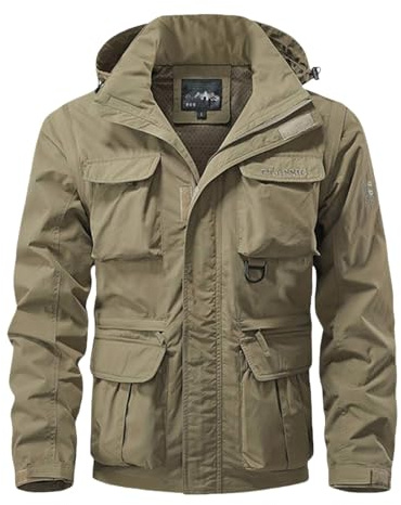 Men's Outdoor Waterproof Jackets, Classic Rain Tactical Hooded Tops Multi-Pocket, Packable Windbreaker Breathable Lightweight Quick Dry Military-Style Field Coat (Khaki, XL)