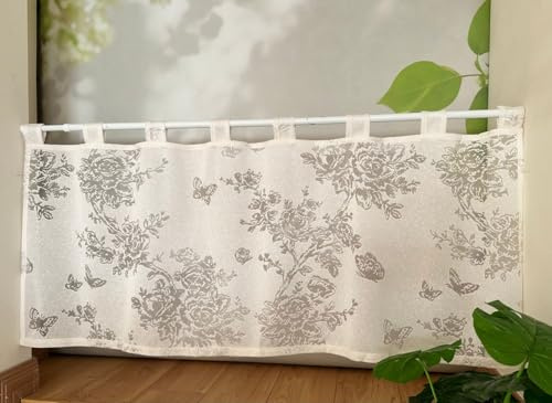 Jeeman Jacquard Kurzgardine mit Blumen Schmetterlingsmuster Halbtransparente Scheibengardine Spitze Retro Bistrogardine Halbgardine Für Café Schlafzimmer Küche Beige HxB 70x120cm 1 Stück