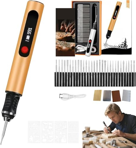Stylo Graveur, Le Stylo Graveur Électrique de Précision Avec 3 Vitesses, 30 Têtes et 5 Pièces de Plaques de Gravure, Kit Gravure pour Créations DIY sur Métal, Bois et Verre (D)