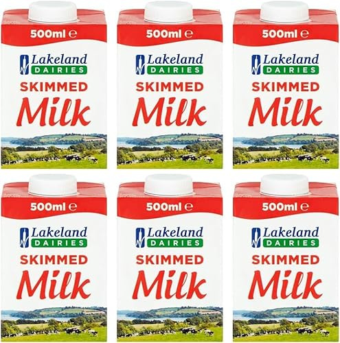 Lakeland Dairies Long-life Skimmed UHT Milk, High Protein & Calcium, 500ML (Pack of 6, Total 3000ML)