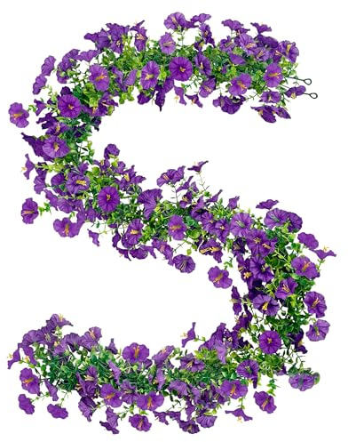 YMIFEEY 2 Stück Künstliche Blumengirlande Kunstblumen Hängend (Dunkel Lila) | 1.8m Wetterfest Hängepflanze Petunien, Üppige Seidenblumen Künstliche Blumen Girlande Ranken Vine, Innen Balkon Terrasse Deko