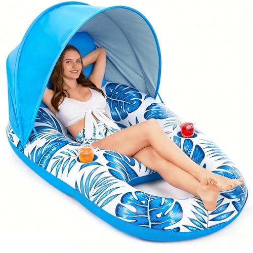 Jasonwell Poolschwimmer mit Sonnendach - Aufblasbarer Liegestuhl für Erwachsene, Schwimmring mit Getränkehalter, Pool- und Partyspielzeug für Pool, See und Strand
