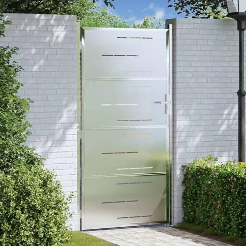 Portail de jardin argenté 96 x 200 cm, porte de clôture en acier inoxydable avec serrure à loquet, résistant aux intempéries, pour jardin et terrasse, porte extérieure robuste pour un accès sûr