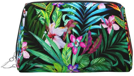 Bolsa de viaje de piel con estampado de hojas tropicales coloridas con bolsa portátil impermeable abierta plana, Silver, Talla única