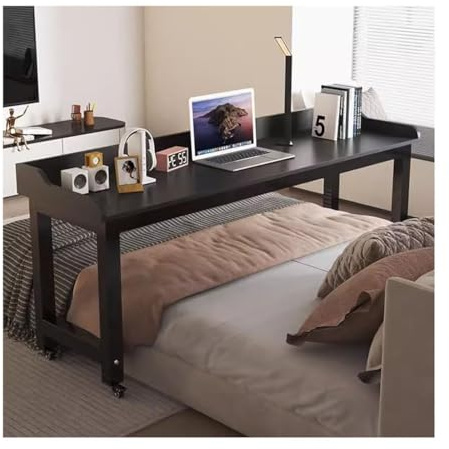 Tavolo da letto nero con ruote, scrivania rimovibile per laptop per lavoro, mangiare e giocare, altezza regolabile (120 x 40 x 80 cm), ideale per camera da letto e comfort