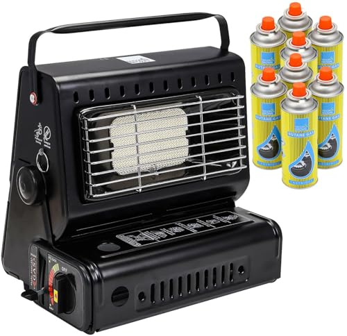 LIVHOME 2-in-1 Portable Gas Heater & Stove 1.3kW with Auto Ignition, Safety Grill & Temperature Control, Butane/Propane Compatible Camping Heater Cooker for Camping (Camping Heater + 8 Canisters)