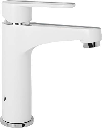 Cornat Waschtisch-Einhebelarmatur Navia - Verchromter Messingkörper - Hohe Auslaufhöhe - Mit Ablaufgarnitur / Wasserhahn fürs Bad / Waschbecken-Armatur / Badarmatur / NAV1, Weiß