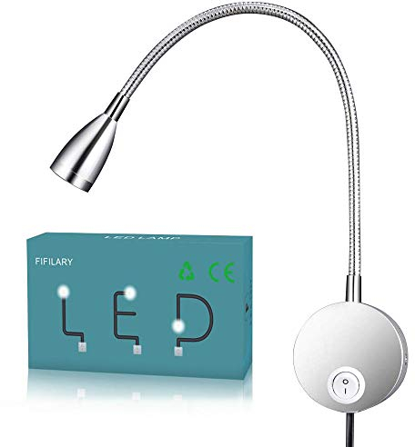 Schwanenhals Lampe,LED-Leuchte mit Aluminium-Schwanenhals Wandbefestigung Leselampe für Schlafzimmer Büro warm-weiß,100-200LM/3000K/3W/100-240V-LED,Lichtemissionswinkel:30 °, Länge:28cm (silver)