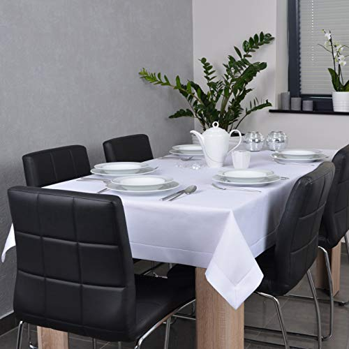 DECOOR Glatte, Matte, schmutzabweisende Tischdecke, 260 x 140 cm, Weiß, veredelt mit Einer dekorativen 5 cm Breiten Lamelle, aus dickem Gewebe 220 g/m², 100% Polyester, hergestellt in EU