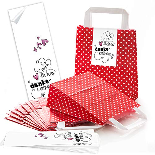 Logbuch-Verlag 50 rot weiß gepunktete Henkeltüten Papiertüten + 50 Banderolen zum Zukleben EIN HERZLICHES DANKESCHÖN weiß rosa Herz Geschenkverpackung DIY Gastgeschenk Give-Away
