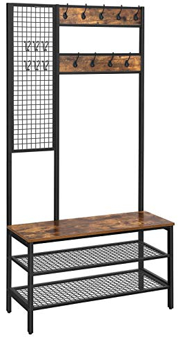 VASAGLE Großer Garderobenständer mit Sitzbank, Kleiderständer mit 9 Kleiderhaken und Schuhregal, Garderobe mit Gitterwand, 185 cm hoch, viel Stauraum, Flur, Schlafzimmer, Vintage, Dunkelbraun HSR98BX