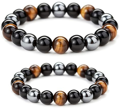 No application Pulsera de Triple Protección, 2Pcs Pulsera Ajustable de Cuentas de Hematita, Ojo de Tigre, Obsidiana Negra, Piedras Naturales para Mujer y Hombre