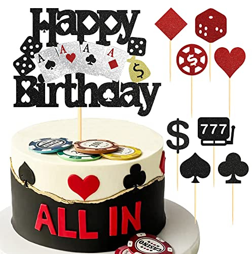 Tortenaufsätze für Casino Happy Birthday, Schwarz / Rot, Glitzer, Casino-Poker-Spiel-Chips, Cupcake-Topper für Las Vegas Casino-Thema, Geburtstagsparty, Kuchendekorationen, 9 Stück