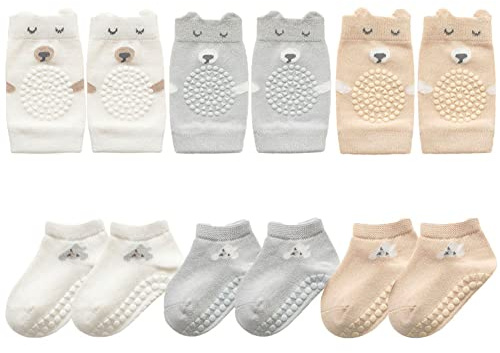 FedMois 3 Pairs Baby Knee Pads for Crawling + 3 Pairs Anti-slip Socks Cotton, grey, white and beige, 9-18 Months