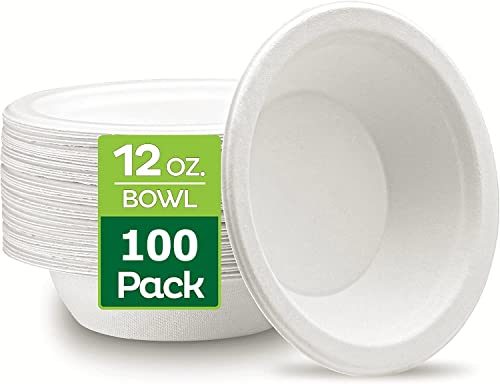 LATERN 100 Pezzi Ciotole di Carta Usa e Getta, 360ml Bianco, Rigide in Bagassa 100% Biodegradabile Compostabile Ciotole di Canna da Zucchero per Uso Quotidiano Ristoranti BBQ Party (13,5 x 4cm)