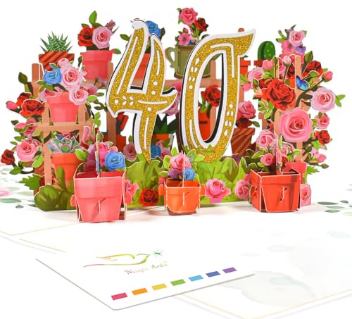 3D Pop-Up Karte 40. Geburtstag oder 40. Hochzeitstag (Rubinhochzeit) – Elegante Rosenkarte für Jubiläum, Hochzeitsfeier, Geburtstagsfeier, für Eltern, Großeltern, Partner, Freunde- Blumenkarte