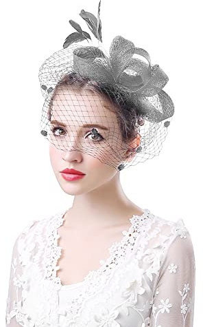 Fascinator Hut Damen Feder Mesh Pillbox Hut Stirnband Retro Blumen Kopfschmuck Elegant Organza Brautschmuck Braut Haarschmuck 20er Royal Haarreif Mädchen Hochzeitshut Cocktail Tee Party Kirche Grau