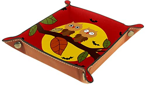 suojapuku Ledertablett,Leder Cartoon-Erntedank-Eulen-Mond Tablett,Taschenleerer Tablett für Aufbewahrungsschlüssel-Münzen-Schmuckuhr