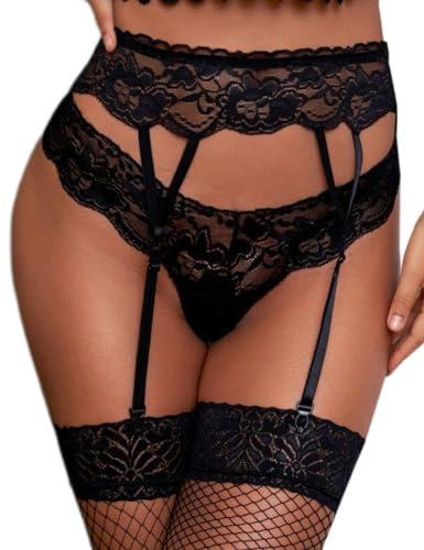 Damen Strumpfgürtel mit hoher Taille, elastisch, schwarz, für Oberschenkelhöhe, Spitze, Strapsgürtel mit 4 Riemen (Thons enthalten), Schwarz, Large