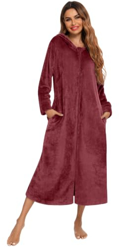 Veseacky Women's Long Sleeve Zip Flannel Hooded Loose Fit Warm Robe Wine Red XXL