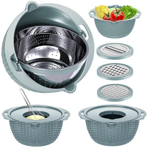 Balavina Passoire 4-1 avec bol mélangeur – Passoire à pâtes – Passoire pour cuisine – Passoire et passoire à riz, nettoyeur de fruits, légumes – Passoire pour évier de cuisine – Bleu, BL02