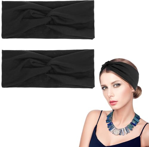 WLLHYF 2 x Turban-Stirnbänder, Haarbänder für Frauen für Mädchen (Schwarz) | breite Stirnbänder, Stretch-Turban, geknotete Haarbänder, modische Haarbänder, niedliches Haar-Accessoires, Yoga Laufen Sport