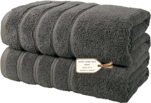 2X SUPER JUMBO BATH SHEETS XXL PREMIUM BATH TOWEL 100% EGYPTIAN COTTON TOWELS 100 X 200 CM PACK OF 2 (Charcoal Grey)