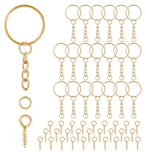 Schlüsselring mit Kette 86 Schlüsselanhänger Basteln Set,86 Schlüsselanhänger Ringe Kette + 86 Schrauböse Pins- Schlüsselringe 25mm für Schlüssel Handwerk DIY, Taschen Schmuckherstellung (Golden)