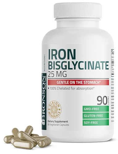 Bronson Iron Bisglycinate 25 mg Gentle on The Stomach, Supports Energy & Healthy Red Blood Cell Production - Non-Constipating Formula - Non GMO, 90 Vegetarian Capsules