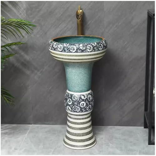 ZTGL Unique Design Säulen-Waschplatz Handgemalt Rund Waschbecken Standwaschbecken Keramik Waschtischunterschrank Bodenstehender Waschtisch Waschplatz für Indoor und Outdoor,2 Piece Set