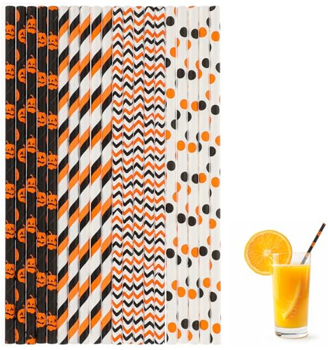 100PCS Halloween Paper Straws, 4 Mixed Styles Orange Black White Halloween Theme Paper Straws, Decorative Party Drinking Straws with Stripe, Wave, Dots, Pumpkin Design for Halloween Party Supplies