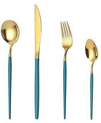 Mr.Spoon Juego de 24 piezas cubiertos para 6 personas,acero inoxidable 18/0, mango verde cabeza dorada, con cuchillo, tenedor, cuchara, apto para lavavajillas.Para Casa, Hotel, Restaurante