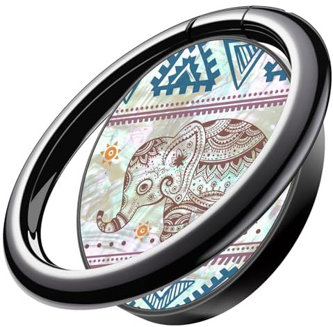 Carveit Natural Shells Cell Phone Ring Holder Metal Phone Kickstand Grip for iPhone 16 Pro Max/15/14 & Galaxy S23/S24/S25 Ultra & Pixel 7/8/9 -Black-Lotus Elephant