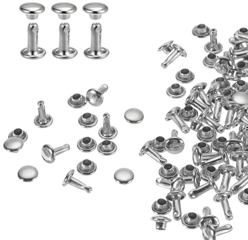 QUARKZMAN 100 Ensembles de Rivets en Cuir à Double Tête, 6X8mm Rivets Ronds Tubulaires Métal pour Fabrication Cuir Ceinture en Tissu, Rivet à Frapper Réparation Décoration de Sacs, Argenté