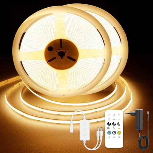 TTWAY COB LED Streifen 15M, 2700K Warmweiss LED Streifen, DC24V Lichtstreifen Warmweiß mit Fernbedienung und Netzteil, CRI 92+, 8mm Breite, Dimmbare Strip Band Licht für Heimdekoration (2 x 7,5m)