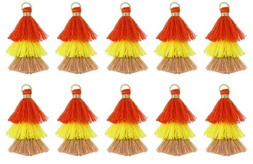 QUARKZMAN 10 Stück Winzige Dreischichtige Quasten 1,6 Mini Quaste Taschenanhänger Böhmische Handgefertigte Quasten Schlüsselanhänger für DIY Projekte Schmuckherstellung (Rot/Gelb/Braun)